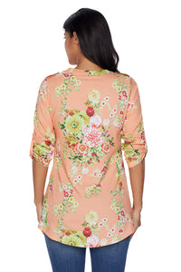 Sexy Mustard V Neck Pleat Button Front Floral Tunic Top