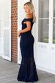 Sexy Navy Bardot Lace Fishtail Maxi Dress