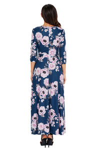 Sexy Navy Blue Blooming Flower Print Wrap V Neck Boho Dress