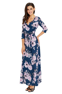 Sexy Navy Blue Blooming Flower Print Wrap V Neck Boho Dress