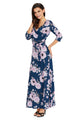 Sexy Navy Blue Blooming Flower Print Wrap V Neck Boho Dress