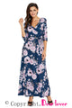 Sexy Navy Blue Blooming Flower Print Wrap V Neck Boho Dress