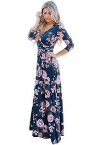 Sexy Navy Blue Blooming Flower Print Wrap V Neck Boho Dress