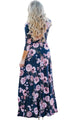 Sexy Navy Blue Blooming Flower Print Wrap V Neck Boho Dress