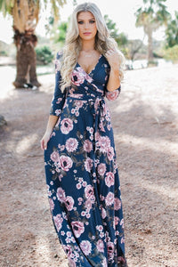 Sexy Navy Blue Blooming Flower Print Wrap V Neck Boho Dress