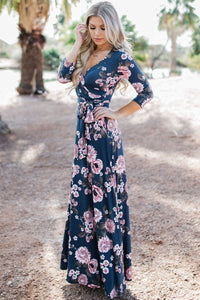 Sexy Navy Blue Blooming Flower Print Wrap V Neck Boho Dress