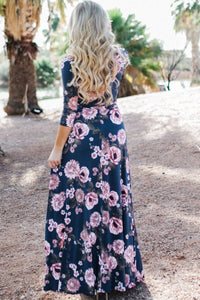 Sexy Navy Blue Blooming Flower Print Wrap V Neck Boho Dress