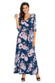 Sexy Navy Blue Blooming Flower Print Wrap V Neck Boho Dress