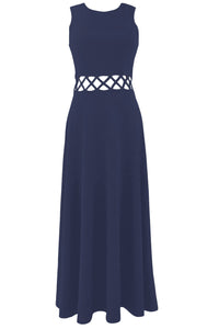 Sexy Navy Blue Caged Waist Fit and Flare Maxi Dress