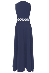 Sexy Navy Blue Caged Waist Fit and Flare Maxi Dress