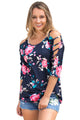 Sexy Navy Blue Cold Shoulder Floral Blouse