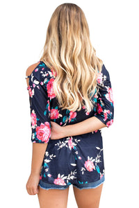 Sexy Navy Blue Cold Shoulder Floral Blouse