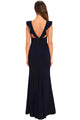 Sexy Navy Blue Deep V Neck Ruffle Detail Maxi Party Dress