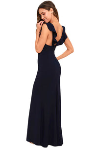 Sexy Navy Blue Deep V Neck Ruffle Detail Maxi Party Dress