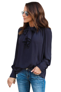 Sexy Navy Blue Demure Tie Neck Blouse for Women
