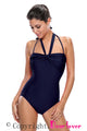 Sexy Navy Blue Double Halterneck Ruched One Piece Swimsuit