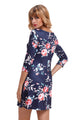 Sexy Navy Blue Fence Neck Floral Print T Shirt Dress