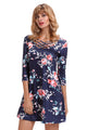 Sexy Navy Blue Fence Neck Floral Print T Shirt Dress