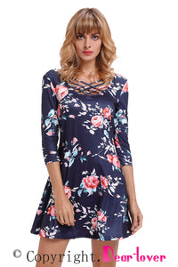 Sexy Navy Blue Fence Neck Floral Print T Shirt Dress