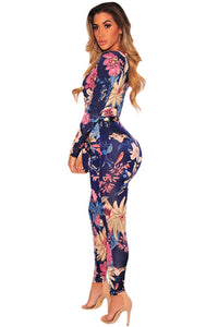 Sexy Navy Blue Floral Faux Wrap Long Sleeve Jumpsuit