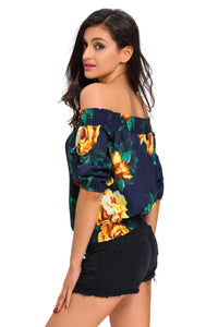 Sexy Navy Blue Floral Off-the-shoulder Top