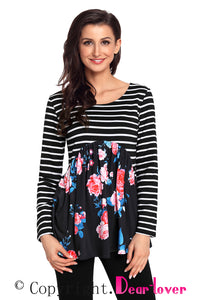 Sexy Navy Blue Floral Striped Babydoll Tunic