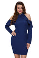 Sexy Navy Blue Frill Cold Shoulder Long Sleeve Dress