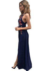 Sexy Navy Blue High Split Floral Embroidered Maxi Dress