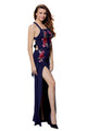 Sexy Navy Blue High Split Floral Embroidered Maxi Dress