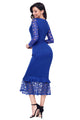 Sexy Navy Blue Hollow-out Long Sleeve Lace Ruffle Bodycon Midi Dress