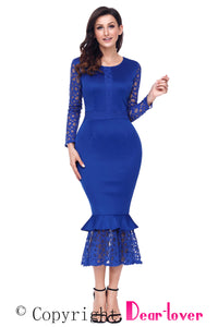 Sexy Navy Blue Hollow-out Long Sleeve Lace Ruffle Bodycon Midi Dress