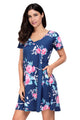 Sexy Navy Blue Pocket Design Summer Floral Shirt Dress