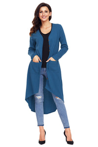 Sexy Navy Blue Ribbed Hi Low Long Cardigan with Pockets