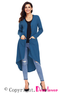 Sexy Navy Blue Ribbed Hi Low Long Cardigan with Pockets