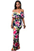 Sexy Navy Blue Roses Print Off-the-shoulder Maxi Dress