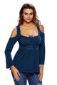 Sexy Navy Blue Sexy Lace Up Cold Shoulder Flare Blouse