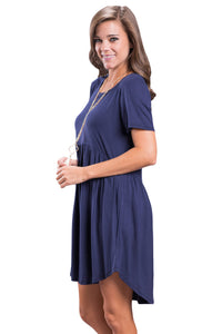 Sexy Navy Blue Short Sleeve Pullover Babydoll Style Casual Dress