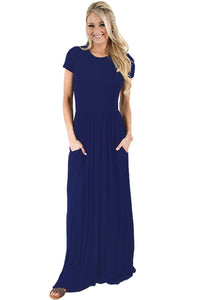 Sexy Navy Blue Short Sleeve Ruched Waist Maxi Dress