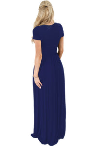 Sexy Navy Blue Short Sleeve Ruched Waist Maxi Dress