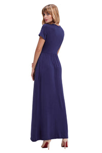 Sexy Navy Blue Short Sleeve Ruched Waist Maxi Dress