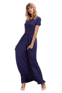 Sexy Navy Blue Short Sleeve Ruched Waist Maxi Dress