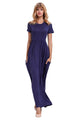 Sexy Navy Blue Short Sleeve Ruched Waist Maxi Dress