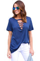 Sexy Navy Blue Short Sleeves Lace up Slub Cotton Tee