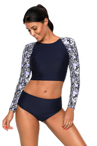 Sexy Navy Blue Surf Rashguard Protection Swimming Raglan Sleeve Swimsuit