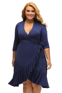 Sexy Navy Blue Whimsy Wrap Flounce Plus Size Dress
