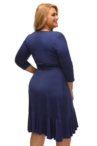 Sexy Navy Blue Whimsy Wrap Flounce Plus Size Dress