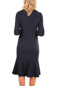 Sexy Navy Delicate Ruffle Accent Bell Sleeve Midi Dress