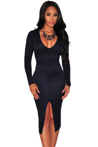 Sexy Navy Faux Suede Long Sleeves Slit Dress
