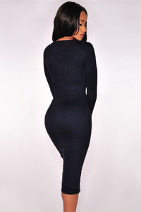 Sexy Navy Faux Suede Long Sleeves Slit Dress