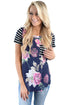 Sexy Navy Floral Back Striped Casual T-shirt